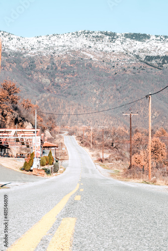 Road in Greek nature with the snowed mountain in the background and dead trees from the cold