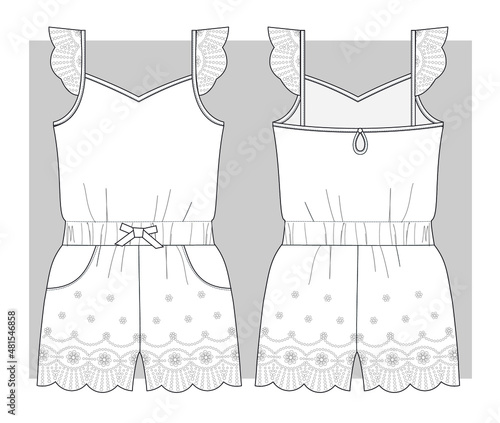 Summer jumpsuit  thin straps with lace at bottom. Technical sketch. Vector illustration.