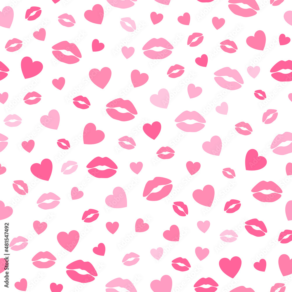 Seamless pattern pink hearts lips vector illustration