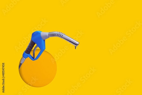 Car refueling gun on yellow background. Gas station with diesel and gasoline fuel