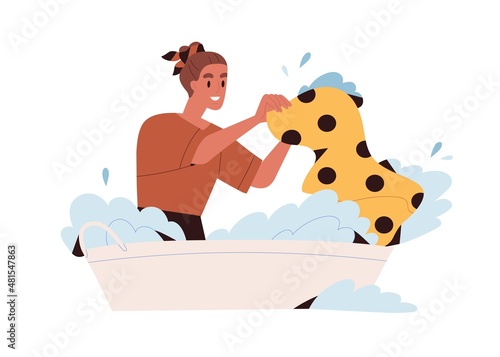 Woman doing laundry, washing clothes with hands. Person cleaning garment in basin with water and soap. Happy female laundering in washbowl. Flat vector illustration isolated on white background