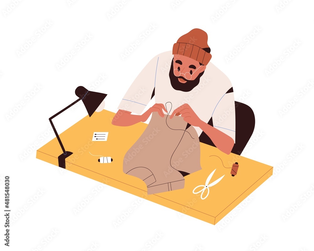 Tailor sewing with hands and needle. Man sewer mending, repairing clothes. Worker sew bespoke handmade garment. Flat vector illustration of DIY and handicraft process isolated on white background