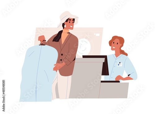 Woman at dry-cleaning and laundry service. Customer bringing clothes to cleaners reception to clean and wash. Client takes garment for laundering. Flat vector illustration isolated on white background