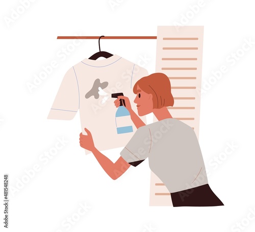 Person removing stains from dirty clothes, spraying detergent, spot remover. Woman clean dirt, mark from soiled t-shirt with mud removal liquid. Flat vector illustration isolated on white background