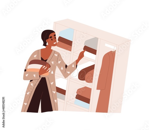 Woman arranging storage in wardrobe. Ordered organized clothes store. Open clean decluttered cupboard with hanging and folded garments on shelf. Flat vector illustration isolated on white background