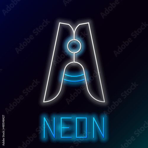 Glowing neon line Old wood clothes pin icon isolated on black background. Clothes peg. Colorful outline concept. Vector