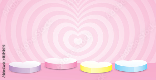 sweet pastel heart shape podiums 3d illustration vector with cute heart graphic wall background for putting your object