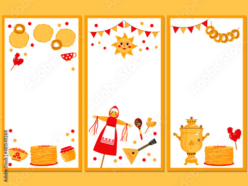 Set of vector illustrations Maslenitsa, Shrovetide, Pancake week for social networks stories.