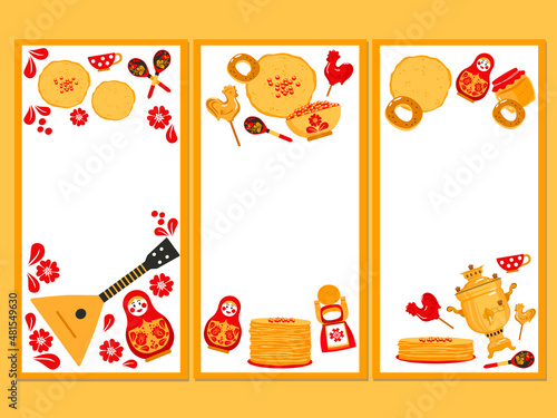Set of vector illustrations Maslenitsa, Shrovetide, Pancake week for social networks stories.