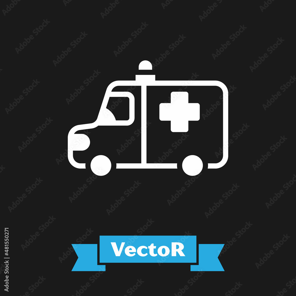 Fototapeta premium White Ambulance and emergency car icon isolated on black background. Ambulance vehicle medical evacuation. Vector