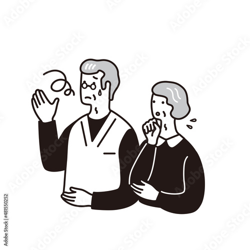 悩む表情のシンプルな高齢者の男女のイラスト
