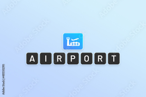 Airport sign on blue banner with airport icon.