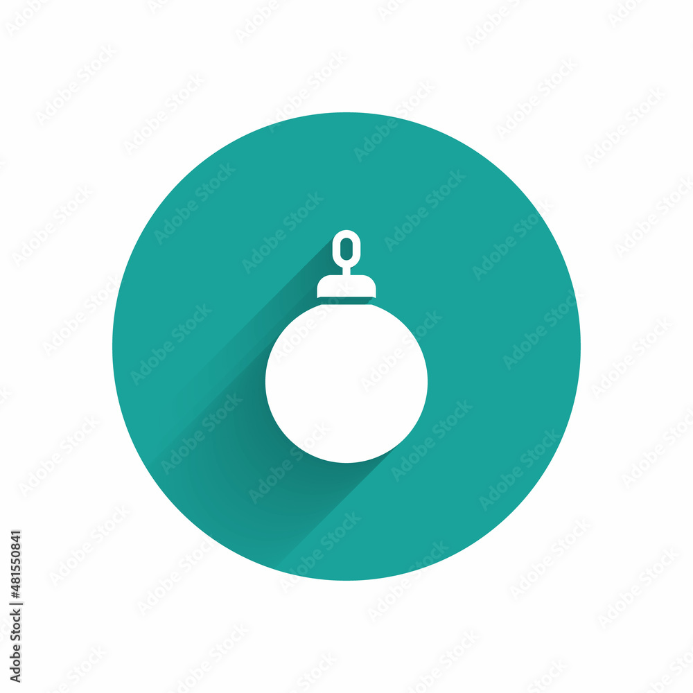 White Christmas ball icon isolated with long shadow. Merry Christmas and Happy New Year. Green circle button. Vector White Christmas ball icon isolated with long shadow. Merry Christmas and Happy New Year. Green circle button. Vector