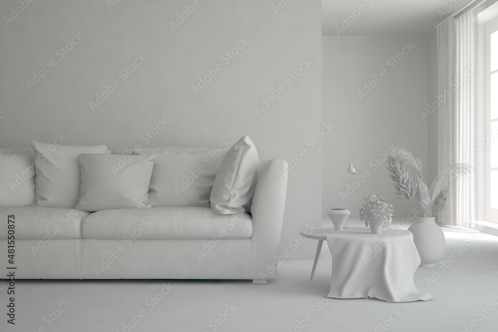 Mock up of stylish room in white color with sofa. Scandinavian interior design. 3D illustration Mock up of stylish room in white color with sofa. Scandinavian interior design. 3D illustration