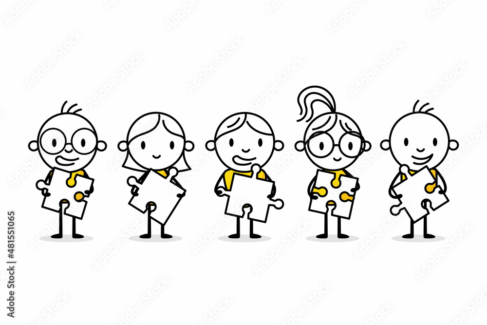 Businessmen connecting puzzle elements. Hand drawn doodle man. Business concept with funny stickman. Vector stock illustration. Businessmen connecting puzzle elements. Hand drawn doodle man. Business concept with funny stickman. Vector stock illustration.