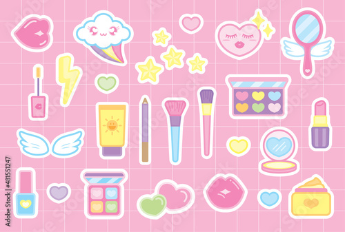 cute girly cosmetics and kawaii stuff graphic element sticker illustration vector on sweet pastel pink grid pattern background