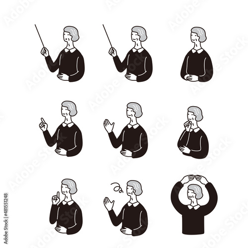 シンプルなシニア女性のイラスト　表情セット