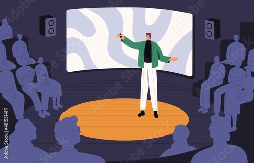 Speaker lecturing on stage at conference. Man during public speech and presentation in front of audience. Presenter speaks to people. Lecturer in spotlight at education event. Flat vector illustration