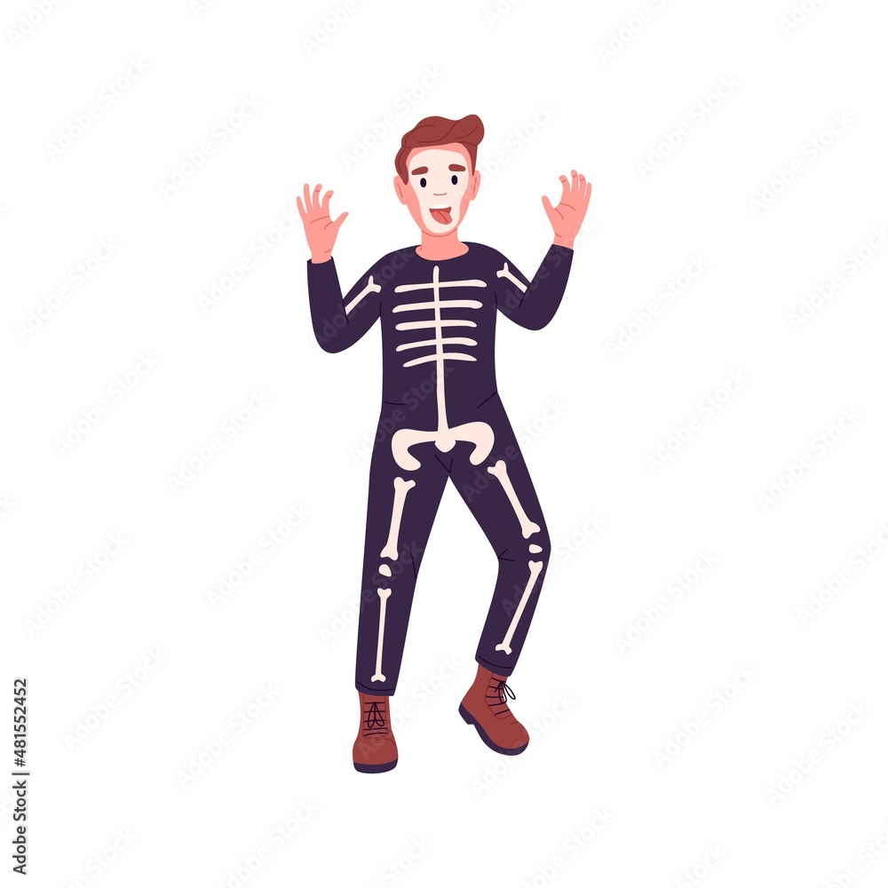 Disguised child in Halloween skeleton costume. Boy in holiday carnival zombie clothes portrait. Funny and creepy kid dressed for horror party. Flat vector illustration isolated on white background Disguised child in Halloween skeleton costume. Boy in holiday carnival zombie clothes portrait. Funny and creepy kid dressed for horror party. Flat vector illustration isolated on white background