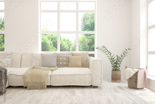 White living room with sofa and summer landscape in window. Scandinavian interior design. 3D illustration