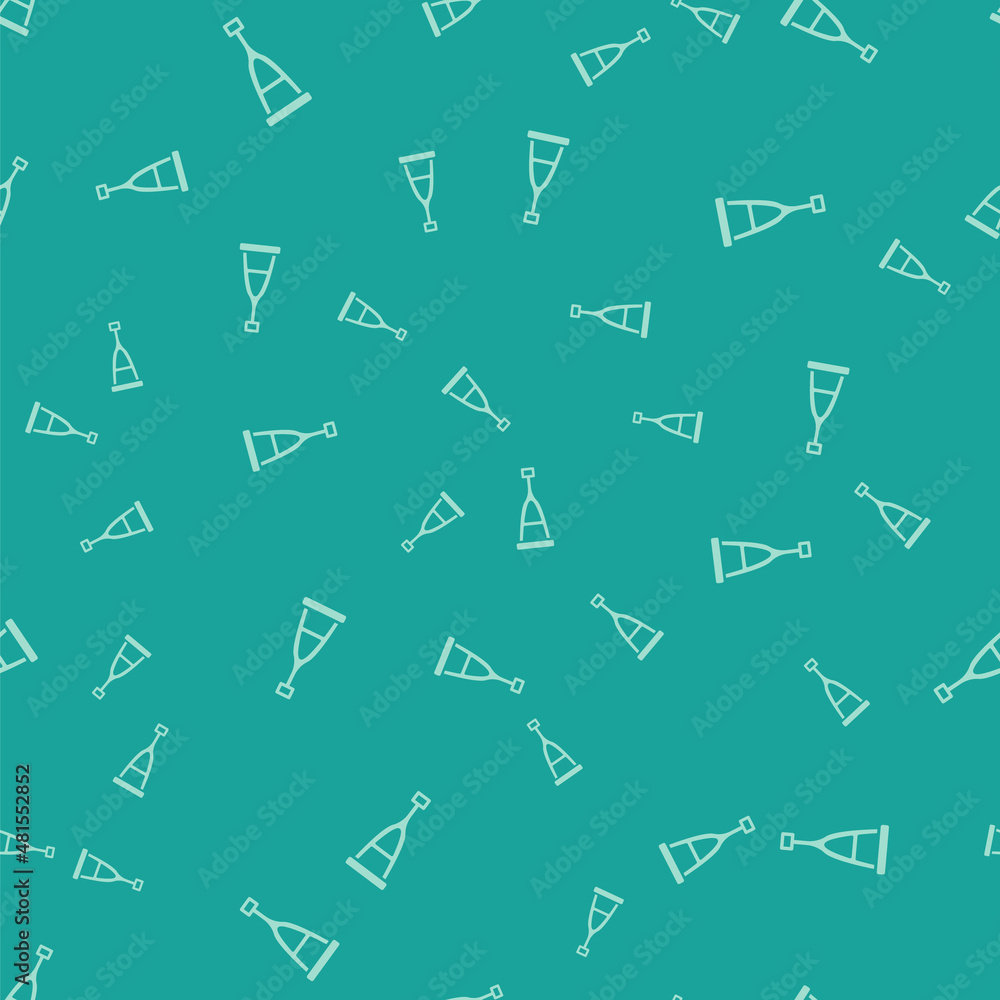 Green Crutch or crutches icon isolated seamless pattern on green background. Equipment for rehabilitation of people with diseases of musculoskeletal system. Vector