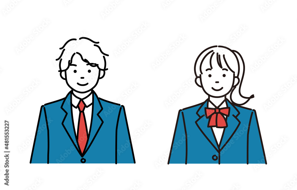 正面を向いている男子学生と女子学生のシンプルイラストセット 正面を向いている男子学生と女子学生のシンプルイラストセット
