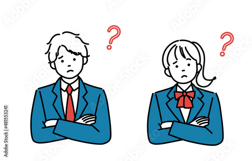 腕組みをして考えている男子学生と女子学生のシンプルイラストセット