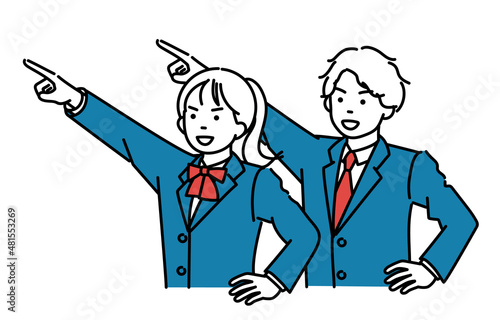 目標に向かって指差す男子学生と女子学生のシンプルイラストセット