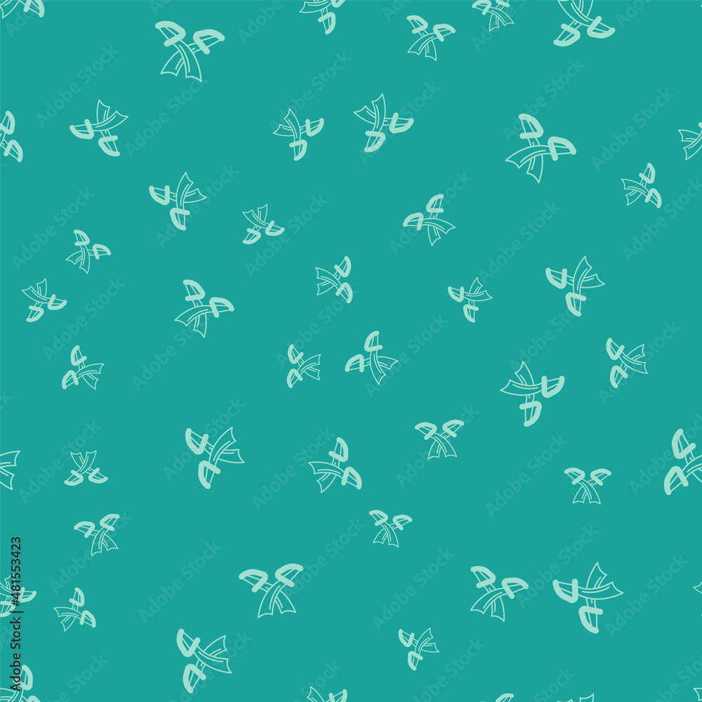 Green Crossed pirate swords icon isolated seamless pattern on green background. Sabre sign. Vector