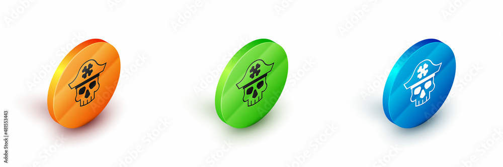 Isometric Pirate captain icon isolated on white background. Circle button. Vector Isometric Pirate captain icon isolated on white background. Circle button. Vector