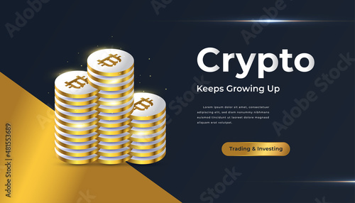 Stacks of Gold Bitcoins. Bitcoin Cryptocurrency Web Banner or Cover. Digital Currency Background