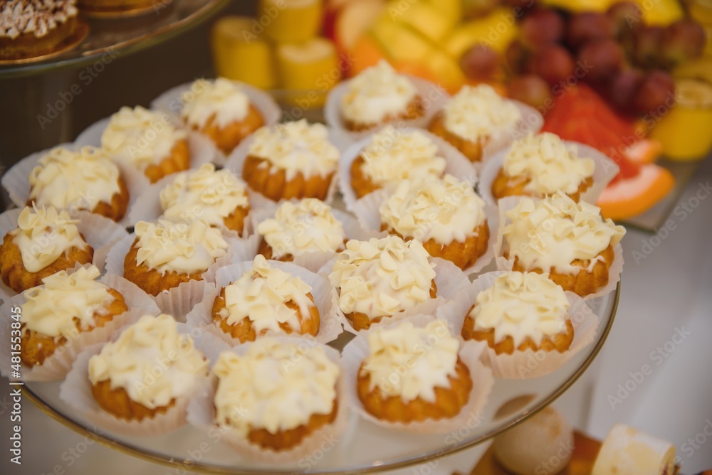various dessert with fresh fruit on buffet line, sweet various dessert with fresh fruit on buffet line, sweet