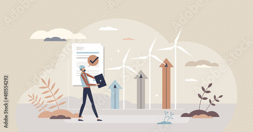 Environmental engineer as sustainable future energy work tiny person concept. Professional ecological power supply development with alternative electricity and green engineering vector illustration.