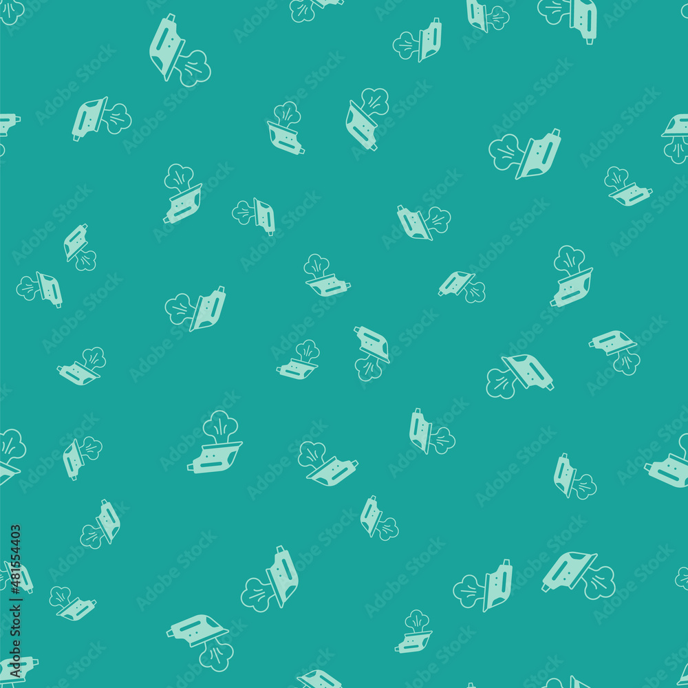 Green Electric iron icon isolated seamless pattern on green background. Steam iron. Vector