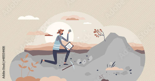 Geoscientist occupation as geological scientist work project tiny person concept. Solid ground rock layer examination and research to learn new material layers and land elements vector illustration.