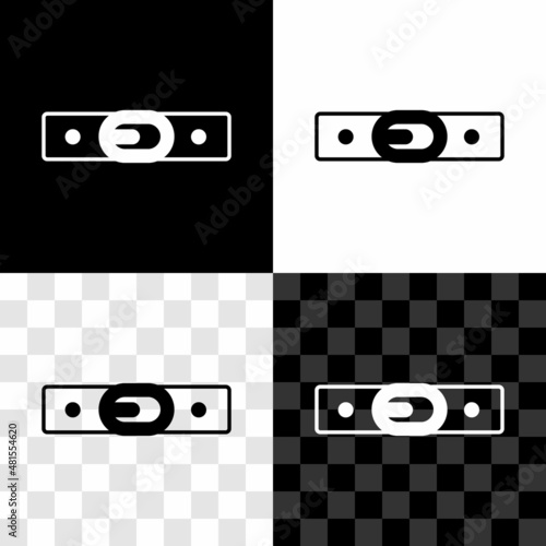 Set Leather belt with buttoned steel buckle icon isolated on black and white, transparent background. Vector