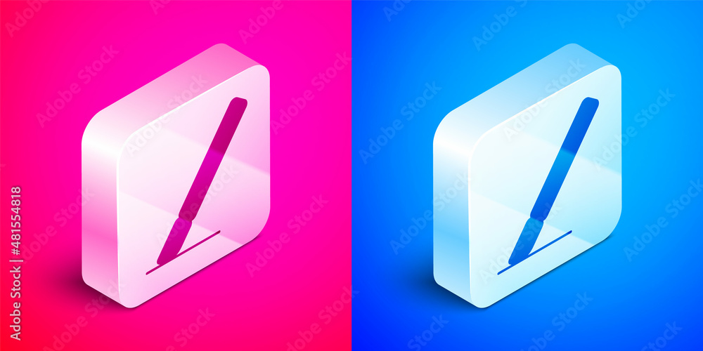Isometric Medical surgery scalpel tool icon isolated on pink and blue background. Medical instrument. Silver square button. Vector Isometric Medical surgery scalpel tool icon isolated on pink and blue background. Medical instrument. Silver square button. Vector