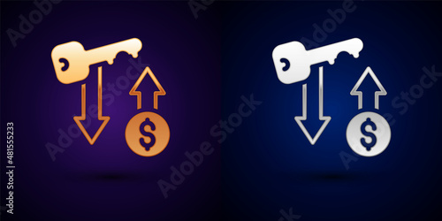 Gold and silver Rent key icon isolated on black background. The concept of the house turnkey. Vector