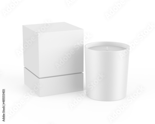Blank scented candle with paper box packaging for branding and mock up, votive candle with hard box mockup on isolated white background, 3d render illustration. © devrawat21