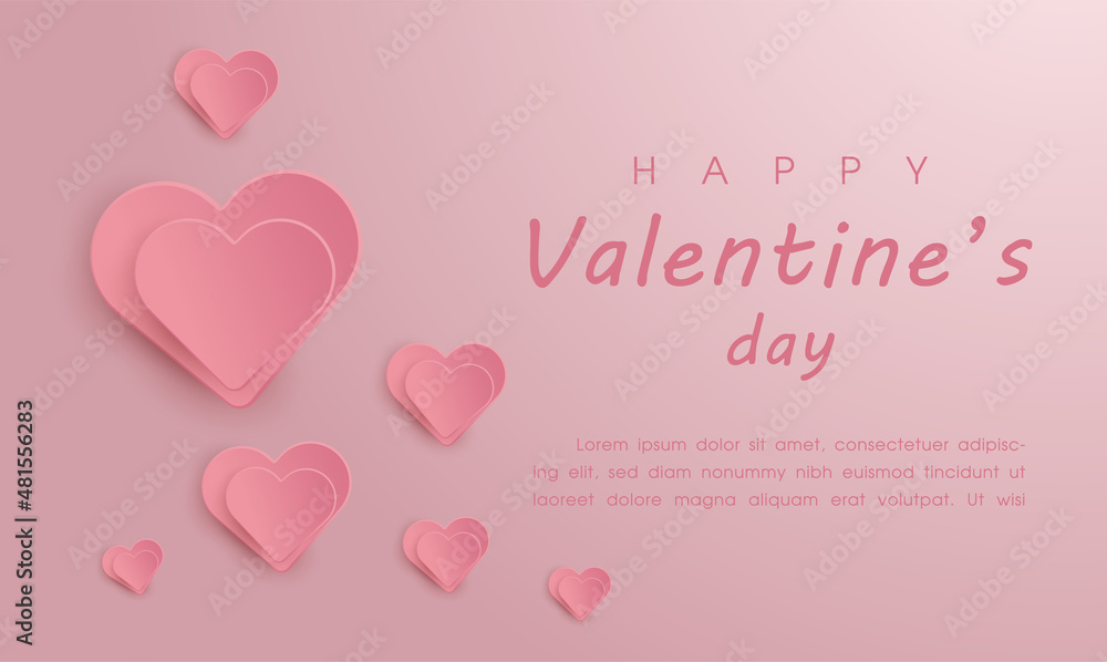 Pink Valentine's Day background with 3d hearts on red. Vector illustration. Cute love banner or greeting card. Place for text
