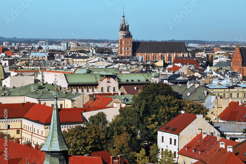 Krakow old town and Mariacka basilica aerial panoramic view, Stare Miasto, Rynek Glowny, Poland