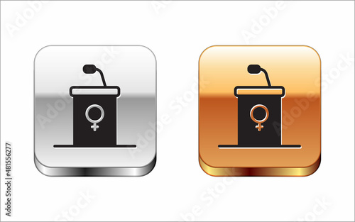 Black Stage stand or debate podium rostrum icon isolated on white background. Conference speech tribune. Silver and gold square buttons. Vector
