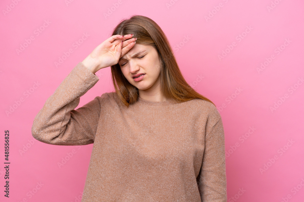 Teenager Russian girl isolated on pink background with tired and sick expression Teenager Russian girl isolated on pink background with tired and sick expression
