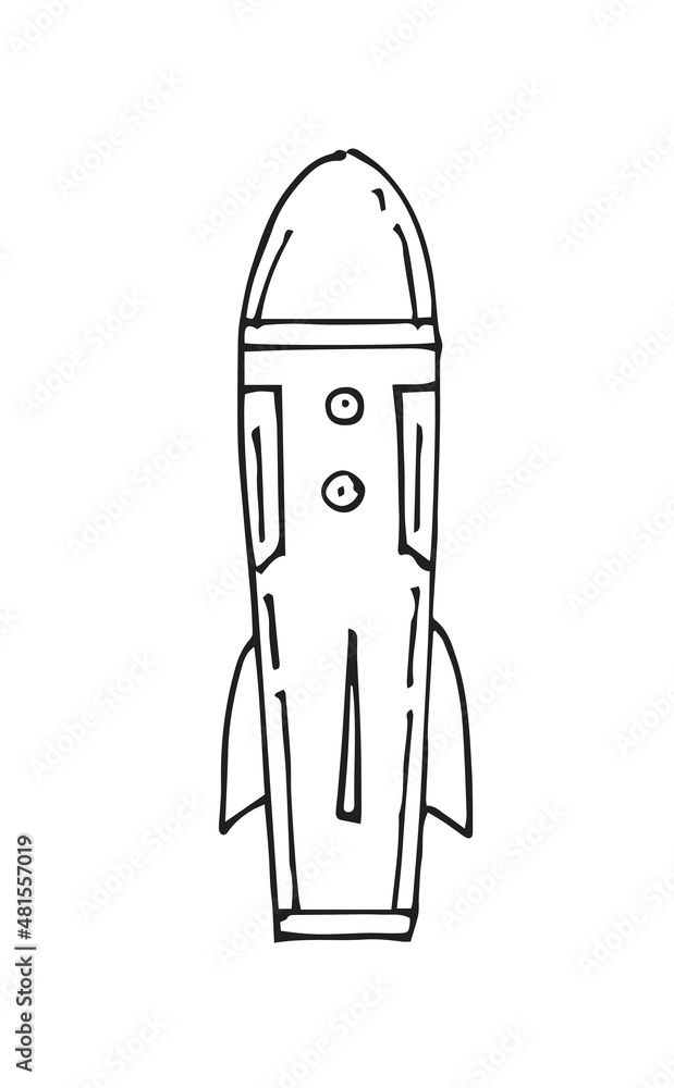 Space rocket. Beautiful space object. Simple doodle drawing in childish style. Nuclear bomb. Outline sketch. Hand drawing isolated on white background. Vector Space rocket. Beautiful space object. Simple doodle drawing in childish style. Nuclear bomb. Outline sketch. Hand drawing isolated on white background. Vector