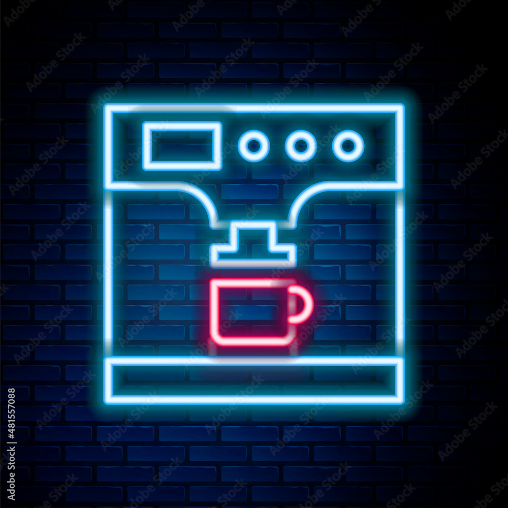 Glowing neon line Coffee machine and coffee cup icon isolated on brick wall background. Colorful outline concept. Vector Glowing neon line Coffee machine and coffee cup icon isolated on brick wall background. Colorful outline concept. Vector