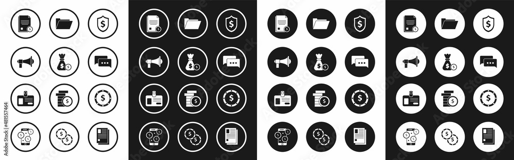 Set Shield with dollar symbol, Money bag and coin, Megaphone, Finance document, Speech bubble chat, Document folder, Coin money and Identification badge icon. Vector Set Shield with dollar symbol, Money bag and coin, Megaphone, Finance document, Speech bubble chat, Document folder, Coin money and Identification badge icon. Vector