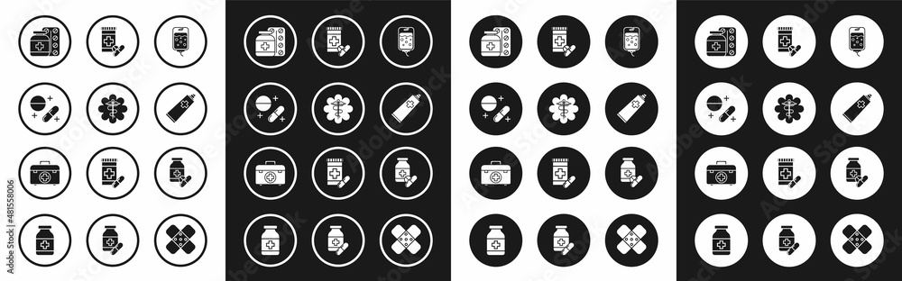 Set IV bag, Emergency star medical symbol Caduceus snake with stick, Medicine pill or tablet, bottle and pills, Ointment cream tube medicine, and First aid kit icon. Vector