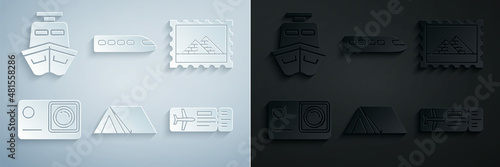 Set Tourist tent, Postal stamp and Egypt pyramids, Action extreme camera, Airline ticket, Train and Ship icon. Vector