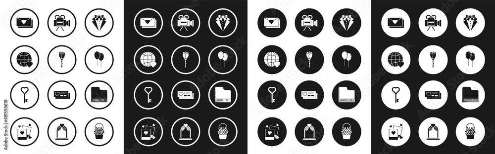 Set Suit, Flower rose, The heart world love, Envelope with Valentine, Balloons ribbon, Cinema camera, Grand piano and Key shape icon. Vector Set Suit, Flower rose, The heart world love, Envelope with Valentine, Balloons ribbon, Cinema camera, Grand piano and Key shape icon. Vector