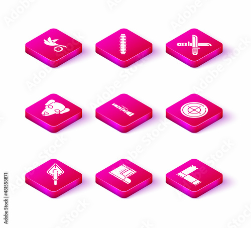 Set Hipster arrow tip, Hunter boots, Hunting dog, Sniper optical sight, Cartridges, Target sport for shooting competition, Crossed hunter knife and cartridge belt with cartridges icon. Vector